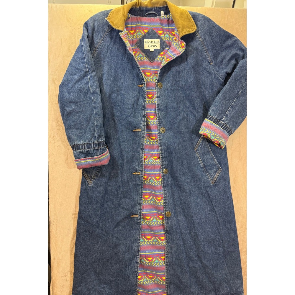Monica Gray Vintage Denim Duster Coat Southwestern Print Lining Corduroy Collar